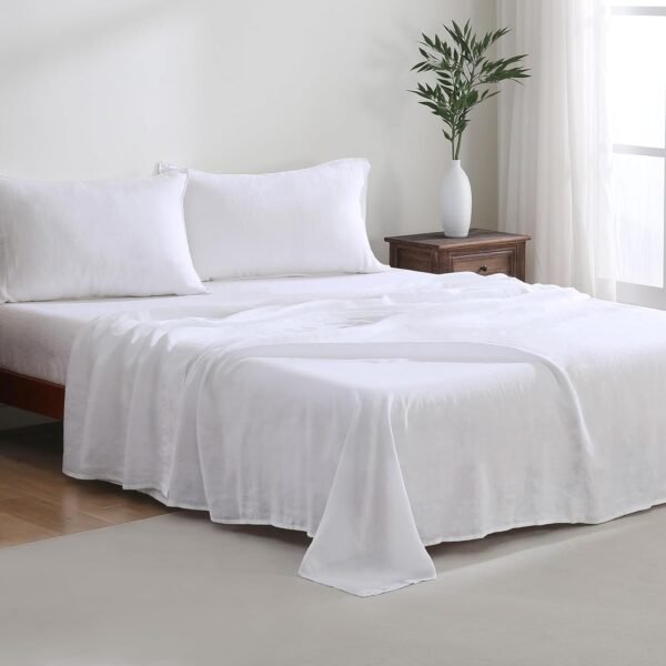 100% French Linen Sheet Set – Queen Size, 4-Piece (White)