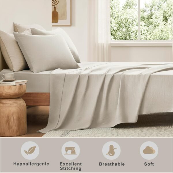 100% Pure French Linen Sheet Set – Queen Size, Natural Comfort All Year Round