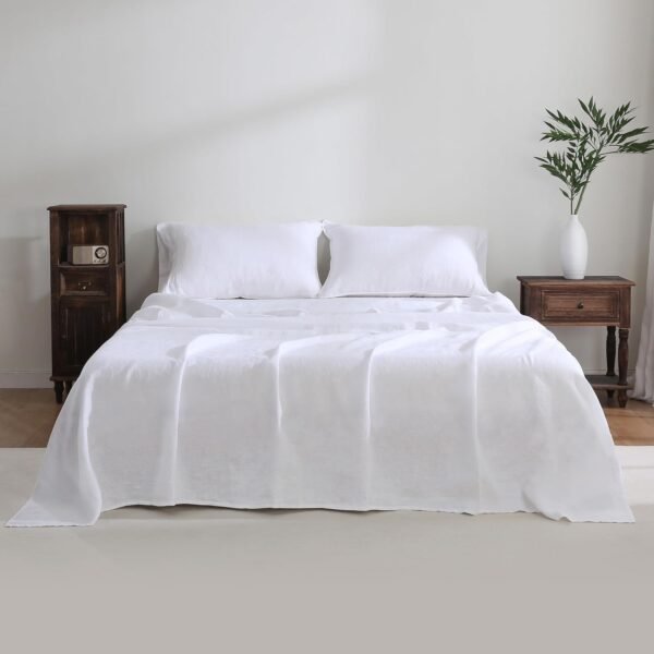 100% French Linen Sheet Set – Queen Size, 4-Piece (White)